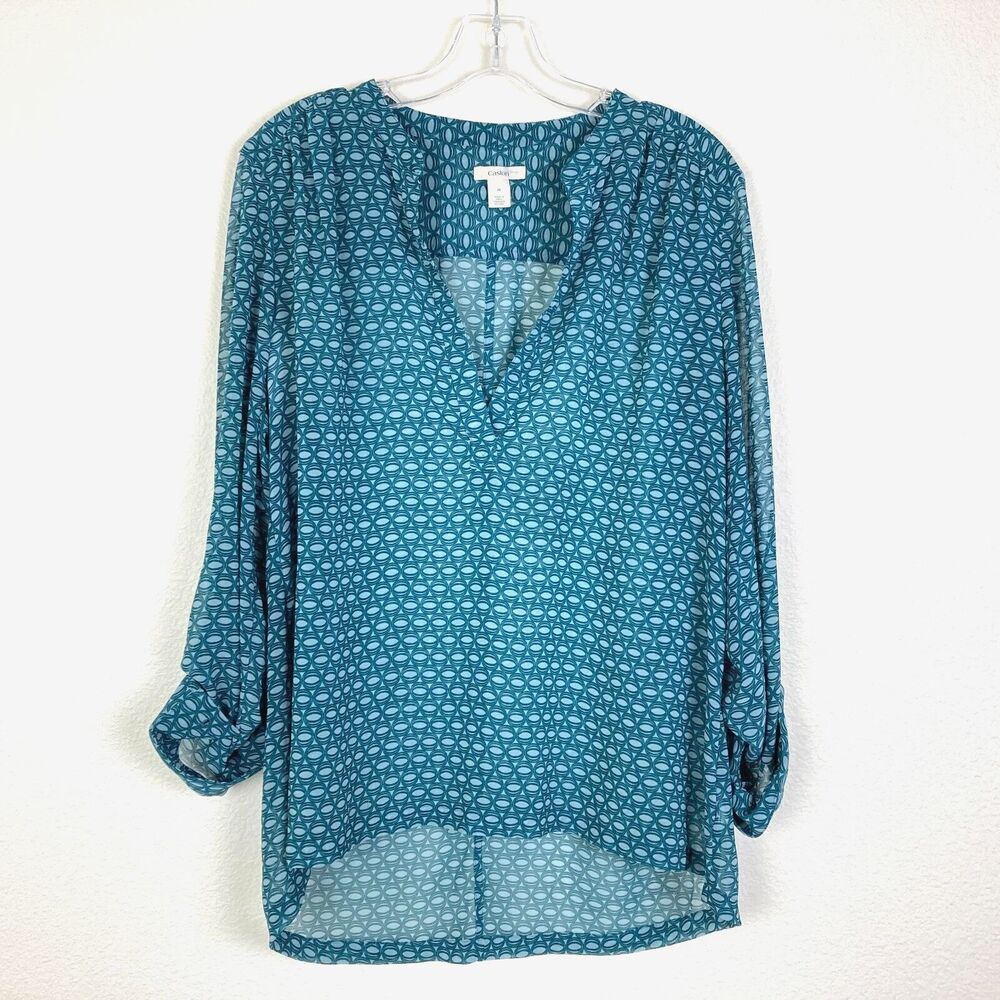 Caslon Women's V-Neck Blouse Size M Green Sheer Hi-Low Roll Tab Sleeve Office